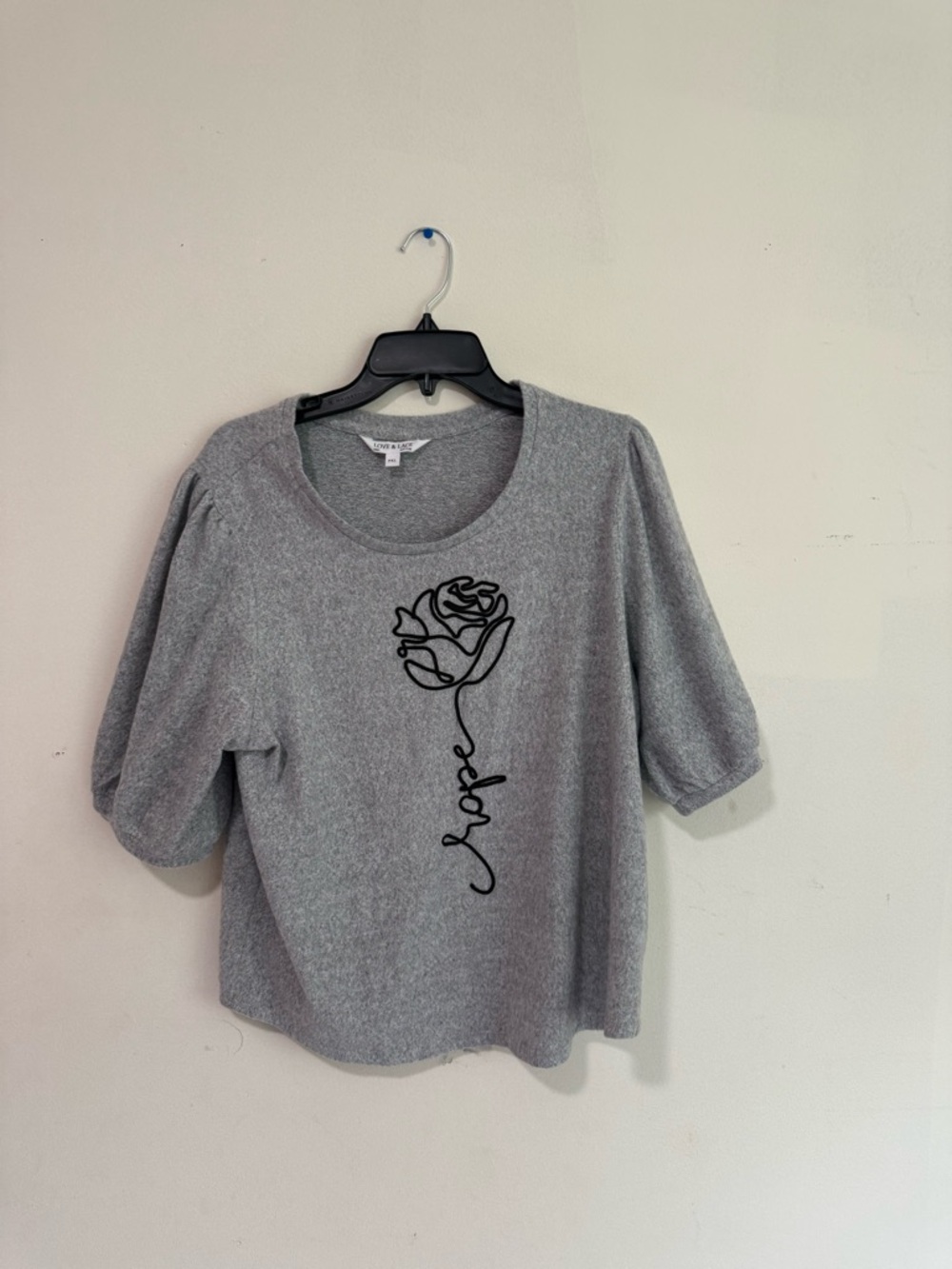 Chico's Grey Short Sleeve Top with Black Rose 'Hope' Embroidery